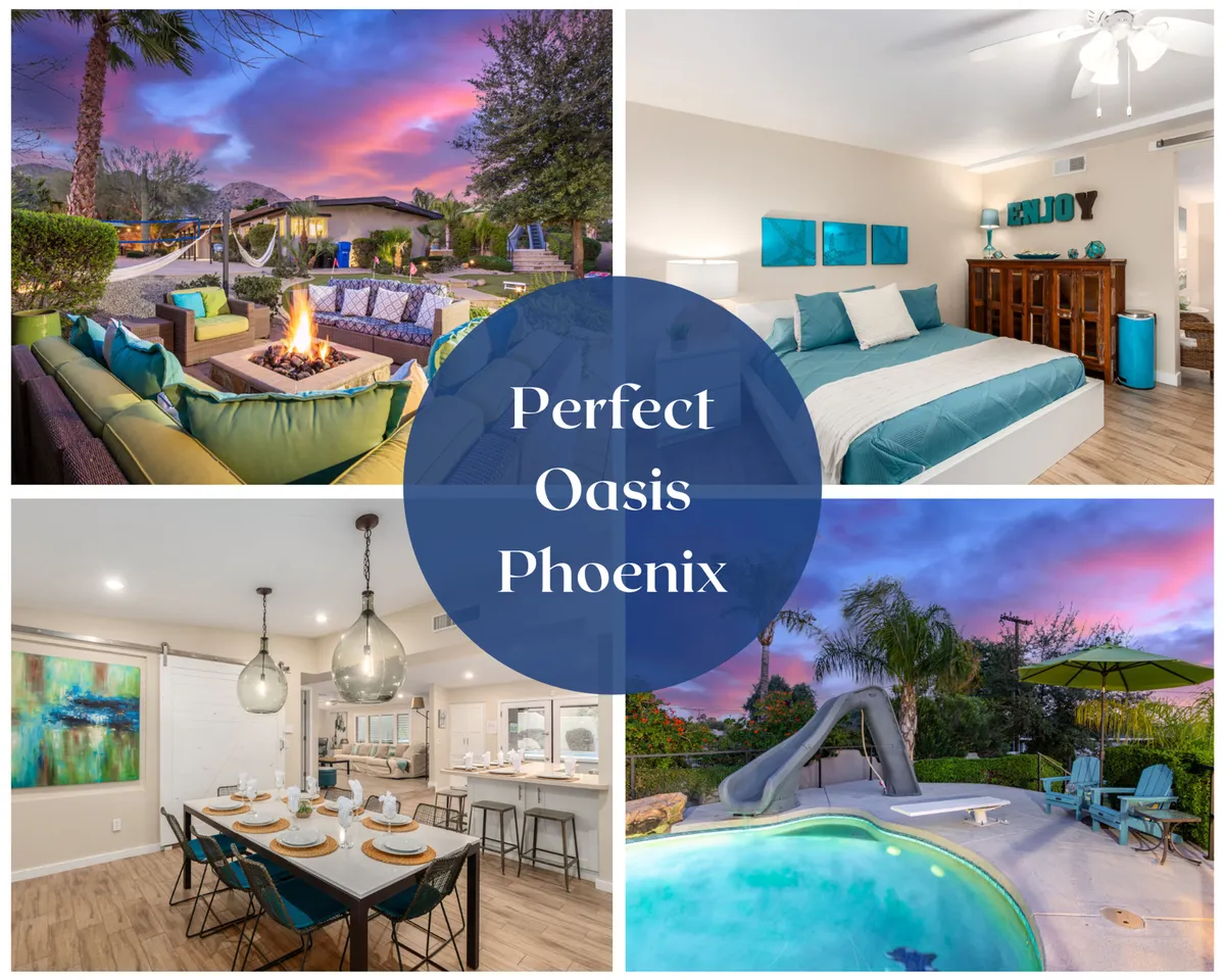 The hero image showcases a spacious backyard retreat featuring a sparkling swimming pool, a cozy fire pit surrounded by comfortable seating, an inviting outdoor dining table, and various spaces perfect for relaxing or playing games under the Phoenix sunset.
