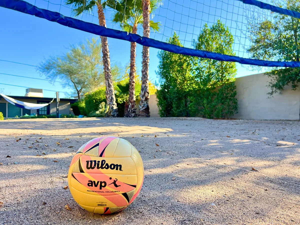 This image showcases a sand volleyball court with a net, encircled by palm trees and greenery. The vibrant setting invites active games and gatherings, signaling group fun and friendly competition under the Arizona sun.