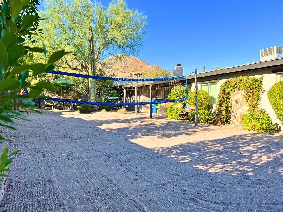 This exterior image showcases a volleyball net set against lush green foliage and a striking mountain backdrop, with a patio area visible nearby. The scene is lively, with ample space for outdoor games and group gatherings, highlighting the active, team-building aspect of the property.